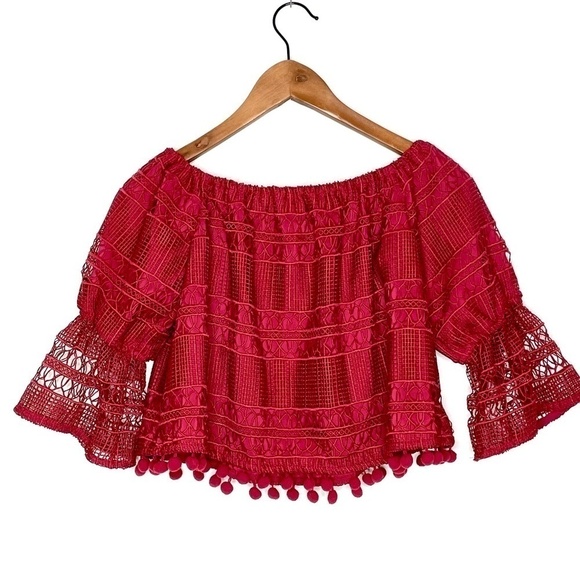 Tularosa Alexa Crochet Lace Cropped Off The Shoulder Boho Pom Pom Maroon Top - Picture 9 of 13